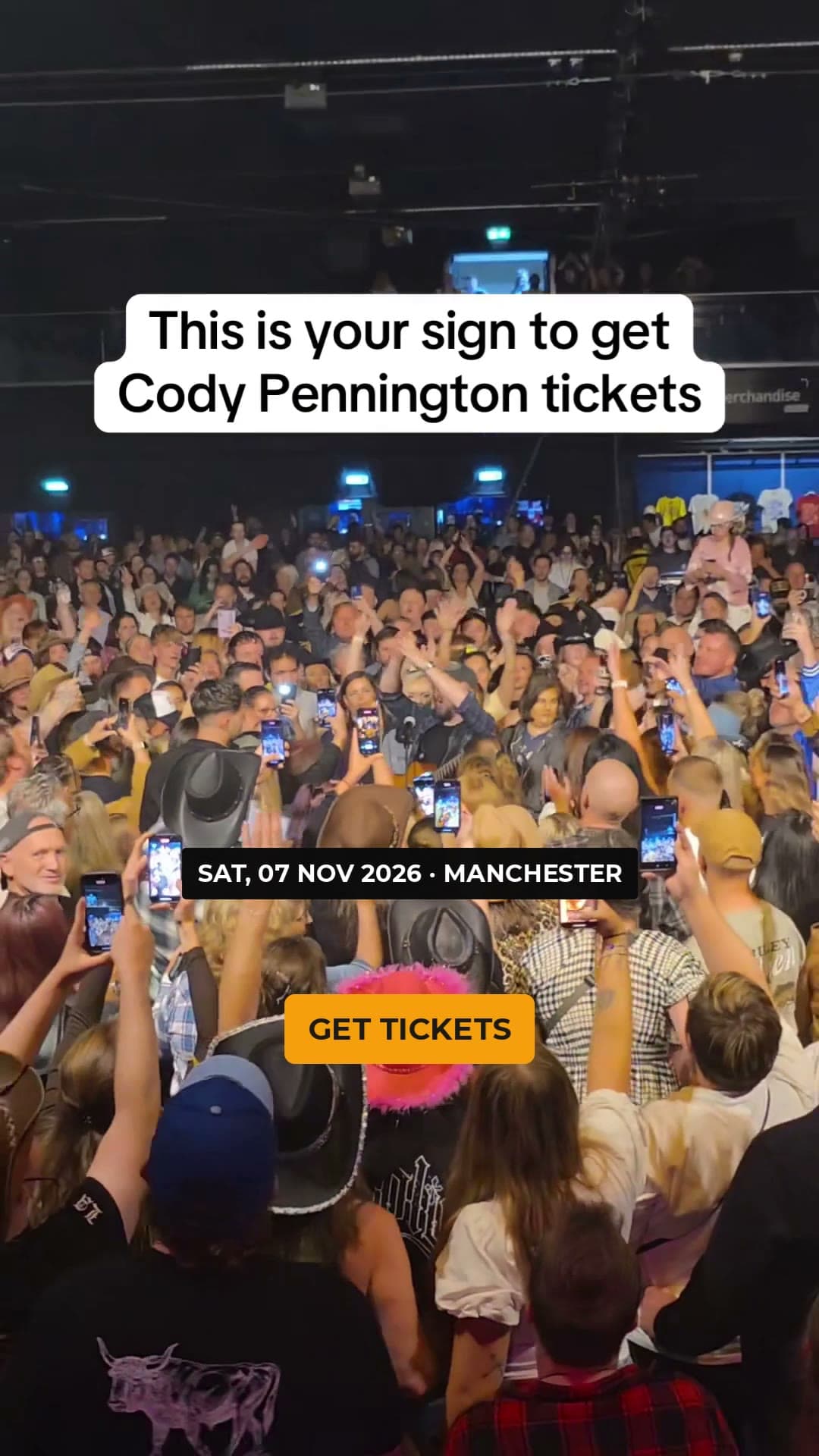 First frame of an ad: a packed room with Cody Pennington's name on screen